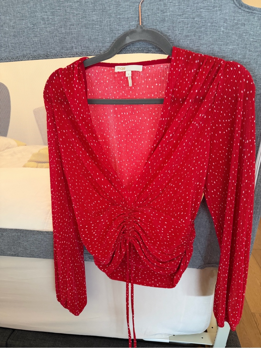Maje Red V-Neck Ruched Long Sleeve Blouse
